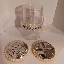 Gemco Hand Crank Food Processor 3 Plates Glass Plastic Top has Crack see Picture