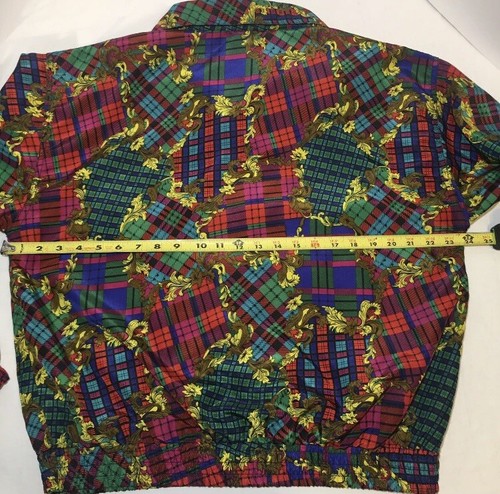 Vintage 80s 90s Jacket M Bomber Colorful Lightweight Silky Plaid Patchwork Retro - Picture 6 of 7
