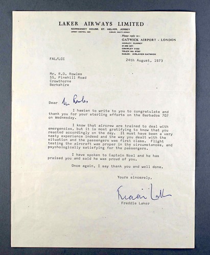 INTERNATIONAL CARIBBEAN AIRWAYS LAKER CAP BADGES FREDDIE SIGNED LETTER AIRLINE - Picture 5 of 6