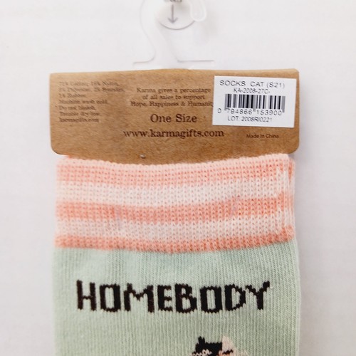 Women Boy Sock Crew Karma Homebody Cat Kitten Kitty Green Pink Cotton NWT NEW - Picture 7 of 10