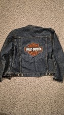 Harley Davidson Blue Denim Jacket Embroidered Logo Patch Womens Size 16/18 XL