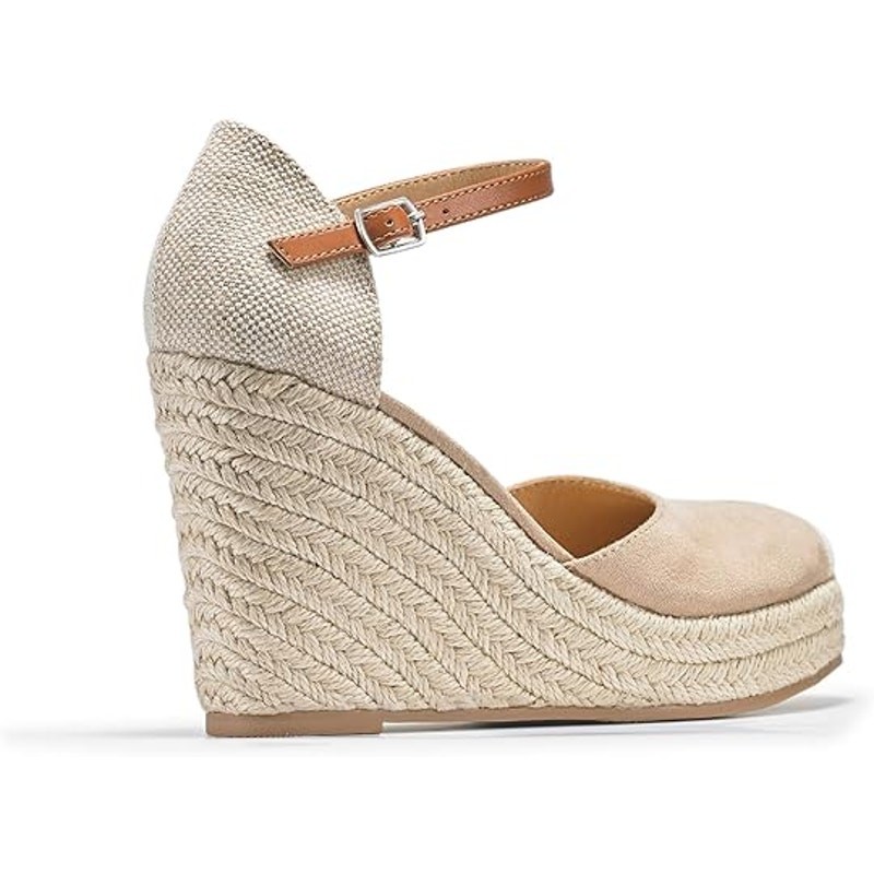 Fisace Womens Size 8 Tan Faux Suede 4" Wedge Espadrille Ankle Strap Sandal Shoes