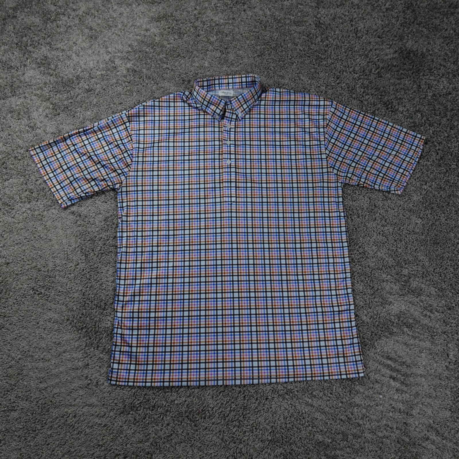 Collars & Co. Men's Dress Collar Polo Short Sleeve Blue Check Shirt 2XL