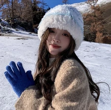 Blue Hat Lines White Fur beige cream fluffy furry trim bucket Knit accessories