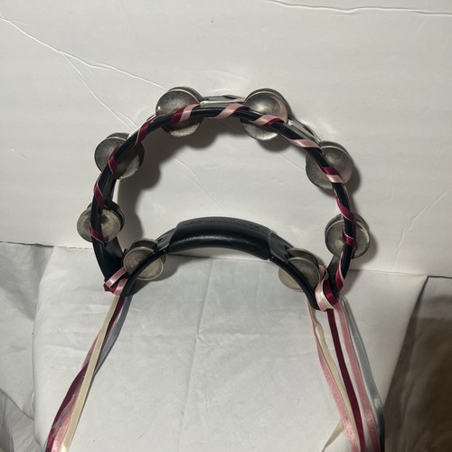 Vintage Rhythm Tech Half Moon Tambourine Percussion Instrument Black W/ Ribbons