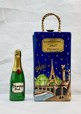 Dubarry Limoges CHAMPAGNE SHOPPING BAG + BOTTLE Porcelain Hinged Box Peint Main