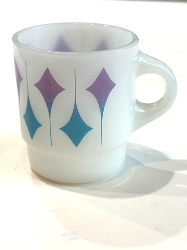 Vintage Fire King Milk Glass Mug Purple Teal Atomic Diamond MCM Anchor Hocking