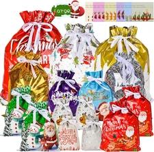 Christmas Drawstring Gift Bags, 15 PCS Xmas Gift Bags with 15 Tags 7 Design 5 Si