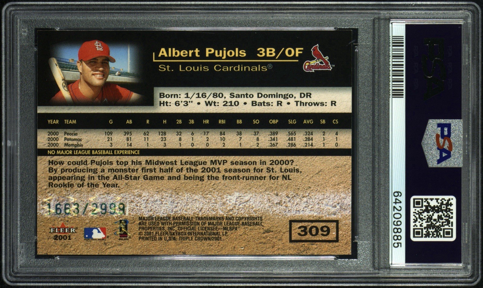 Albert Pujols 2001 Fleer Triple Crown #308 Rookie RC #/2999 PSA 9 MINT view 2