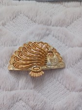 Vintage Retro Unique Large Old Plastic Hair Barrette Clip Gold Tone Peacock