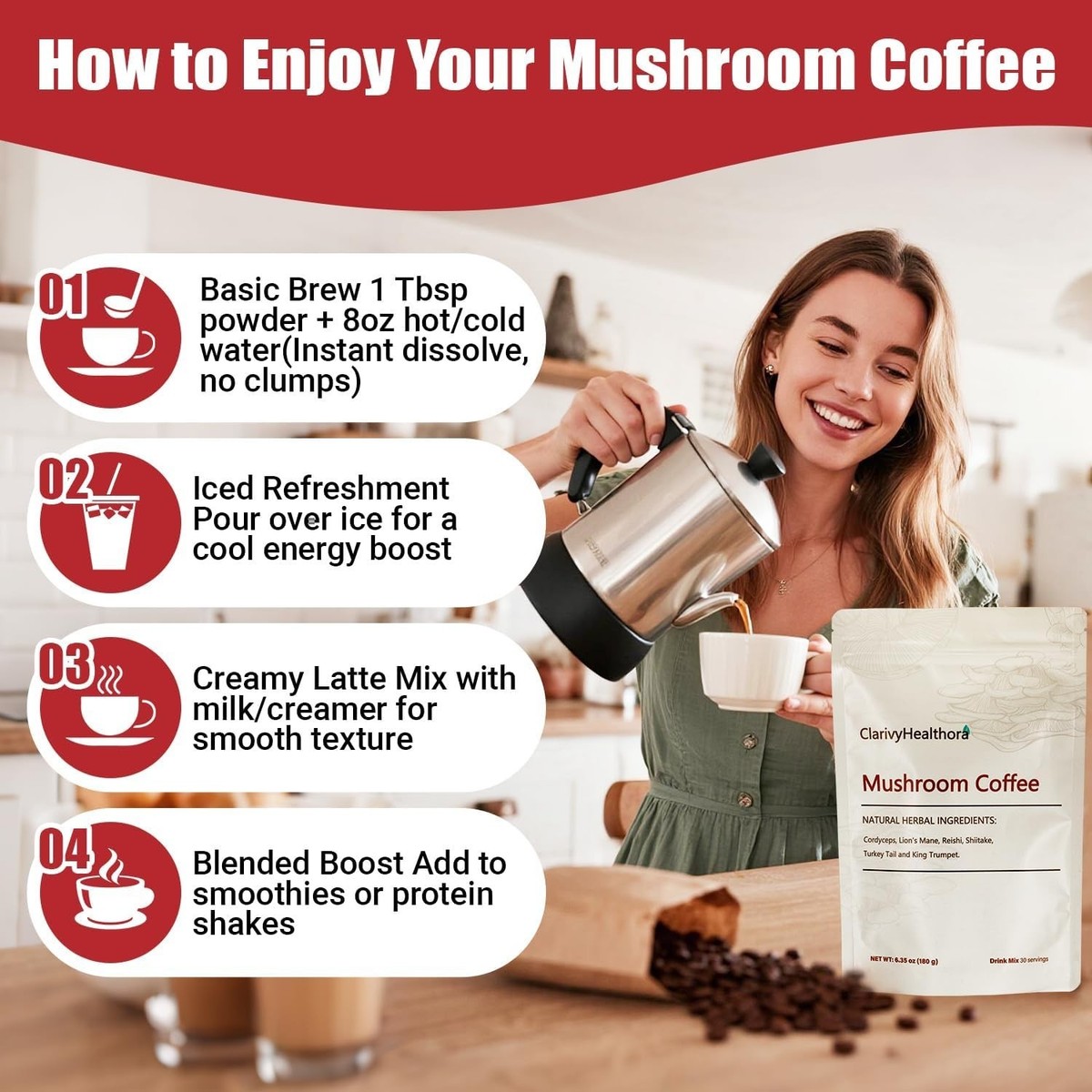 Mushroom Coffee, Mushrooms Herbal Supplements for Better Focus