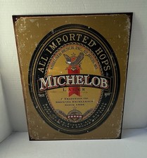 Letrero de hojalata retro Michelob Anheuser Busch todo importado lúpulo hombre cueva 16 X 12,5 pulgadas