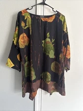 Citron Santa Monica Black Gold Asian Floral Bamboo Vintage Blouse Size Medium