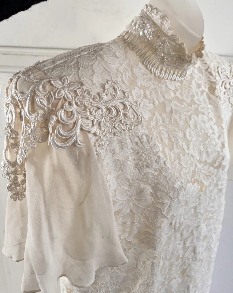 JESSICA MCCLINTOCK 1990s Lace Silk Chiffon Edwardian Style Wedding Dress Sz 9/10 - Image 3 of 4