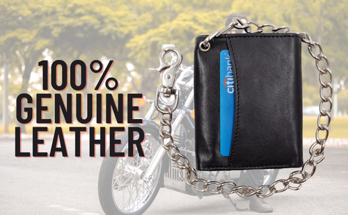 Genuine Leather Men Biker Long Chain Trifold Black Wallet with RFID Blocking - Picture 8 of 10