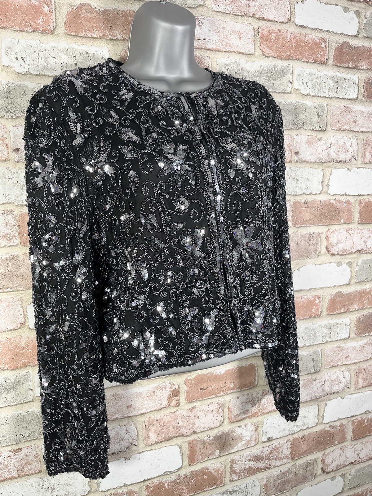 Lawrence Kazar Beaded Jacket Sequin Vintage Sz PM 1980s Evening Jacket Silk