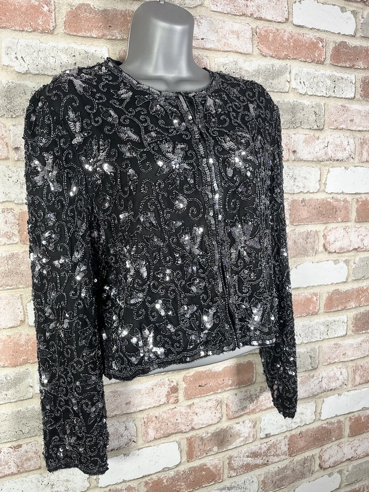 Lawrence Kazar Beaded Jacket Sequin Vintage Sz PM 1980s Evening Jacket Silk - Image 2 of 4
