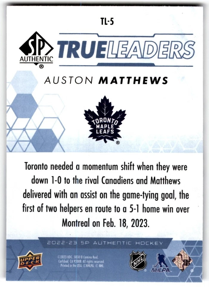 2022-23 SP Authentic True Leaders Blue Auston Matthews #TL-5 Toronto Maple Leafs - Image 2 of 2