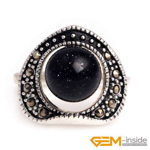 Natural Gemstone Charms Rings Jewelry Tibetan Silver Marcasite Women Gift 6#-8# - Picture 14 of 43