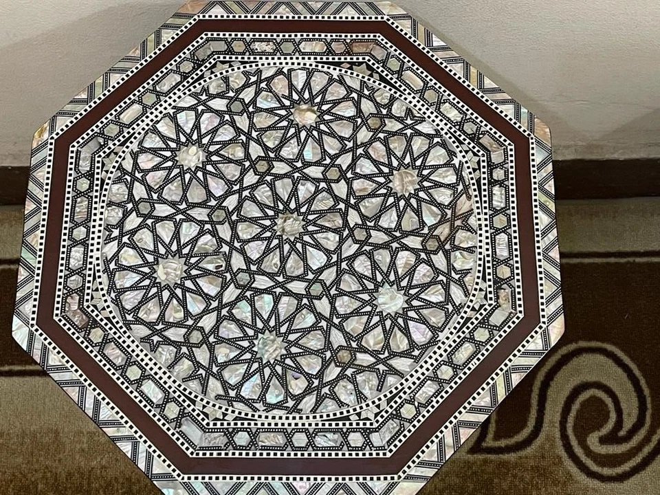 Wooden End Table with Pearl Inlay, Handmade Carvings, Home Decor - Image 3 of 4