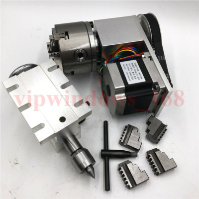 4Jaw Rotary Axis Tailstock Hollow Shaft 100mm Rotational Axis&Nema23 Stepper CNC