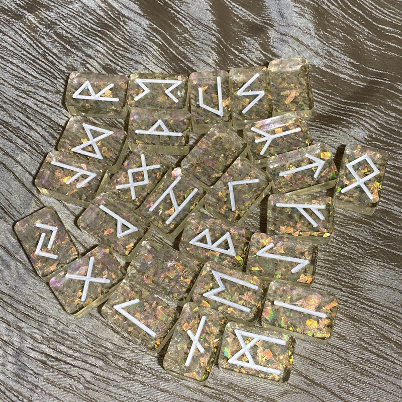 Clear Sparkle Translucent Resin Rune Stones, Elder Futhark, Pagan, Set Of 27