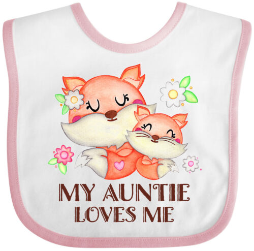 Inktastic My Auntie Loves Me- Cute Fox Baby Bib Foxes New Child Flowers Hand - Afbeelding 1 van 6