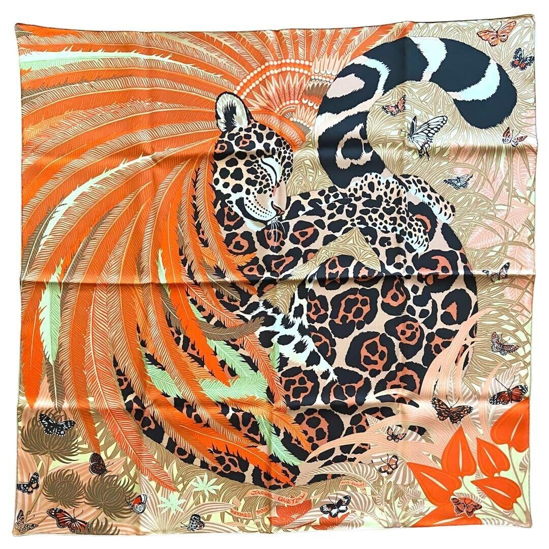 Hermes Scarf Silk Carre 90 Jaguar Quetzal Orange Used from Hermes Scarf Silk Carre 90 Jaguar Quetzal Orange Used from