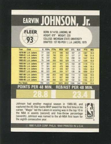 #93 EARVIN Magic JOHNSON, Lakers - 1990 Fleer: EX-MT, Great Centering 200624e - Picture 2 of 4