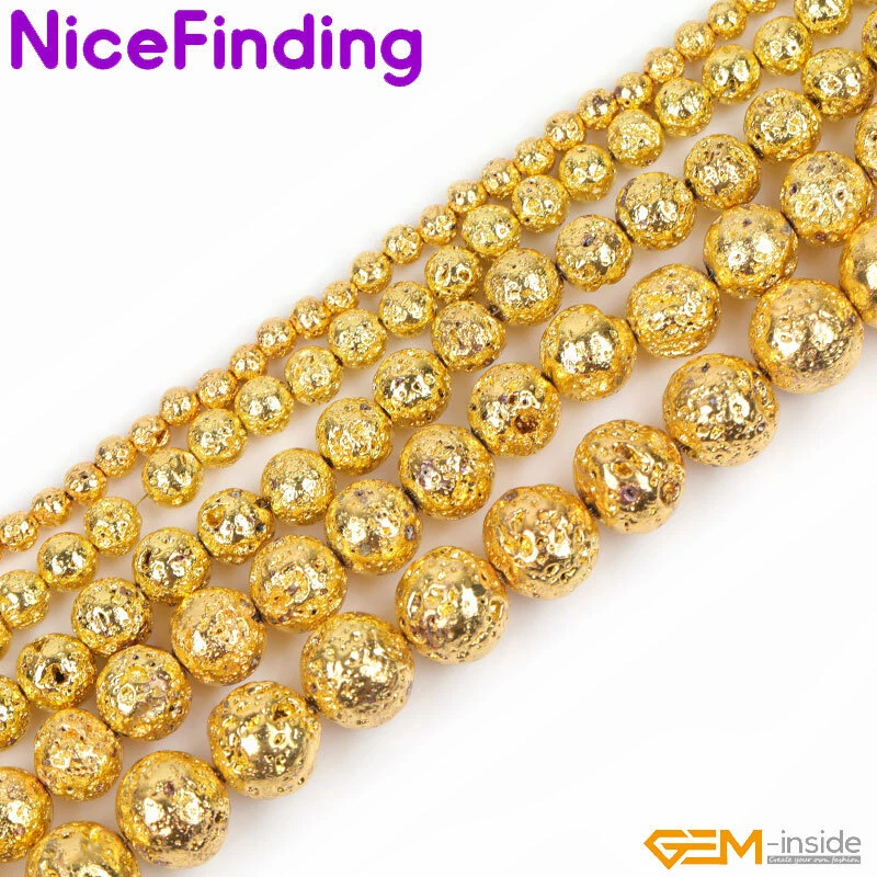 Cuentas redondas de piedra de roca volcánica recubiertas metálicas doradas para hacer joyas 15" Foto 2 de 4