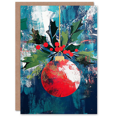 Single Hanging Red Bauble Ornament Holly Painting Christmas Greeting Card
