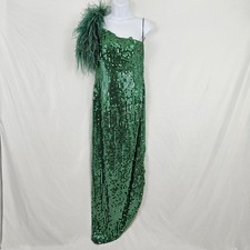 Emerald Sequin Evening Prom Dress Party Gown Size 9/10 Feathered One Shoulder