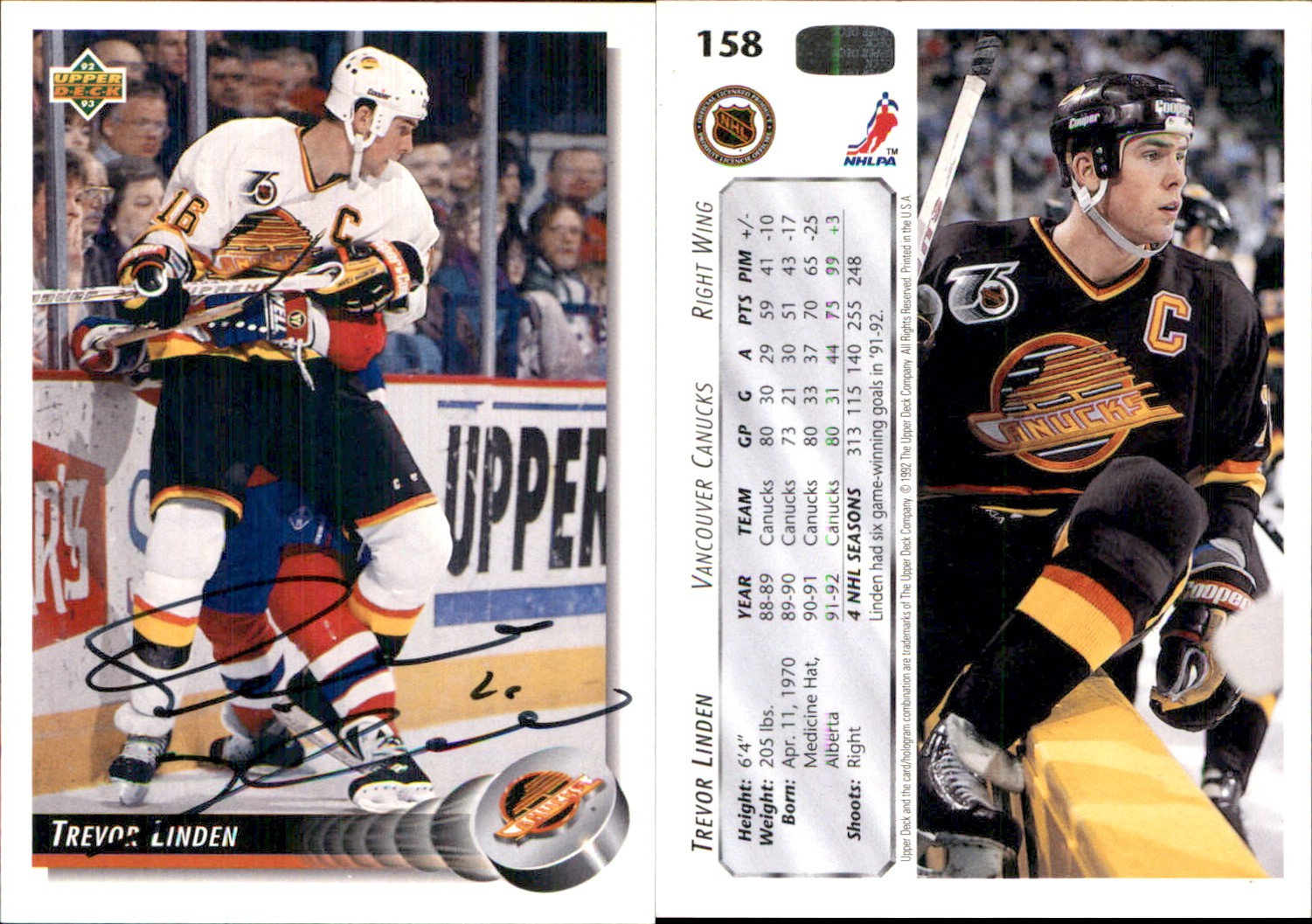 Trevor Linden Signed 1992-93 Upper Deck #158 Card Canucks Auto Autograph Den