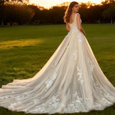 A Line Wedding Dress for Bride 2025 Floral Appliques Beige Lining Bride  Dresses | eBay