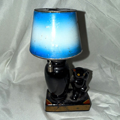 Japan 50sBlack Cat Figurine Accent Lamp, Blue/White Gradient Drum Shade, Ceramic