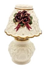 Vtg Porcelain Accent Lamp Roses & Bow 9" Tall Ruffed Shade Victorian Shabby Chic
