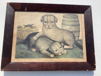 Rare Original Kellogg's & Comstock Lithograph ''Puppies'' Circa 1849