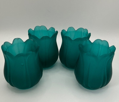 Glows 4 Faroy Teal Tulip Votive, Tea Light Candle Holder Thick Glass 2.5  x 3''