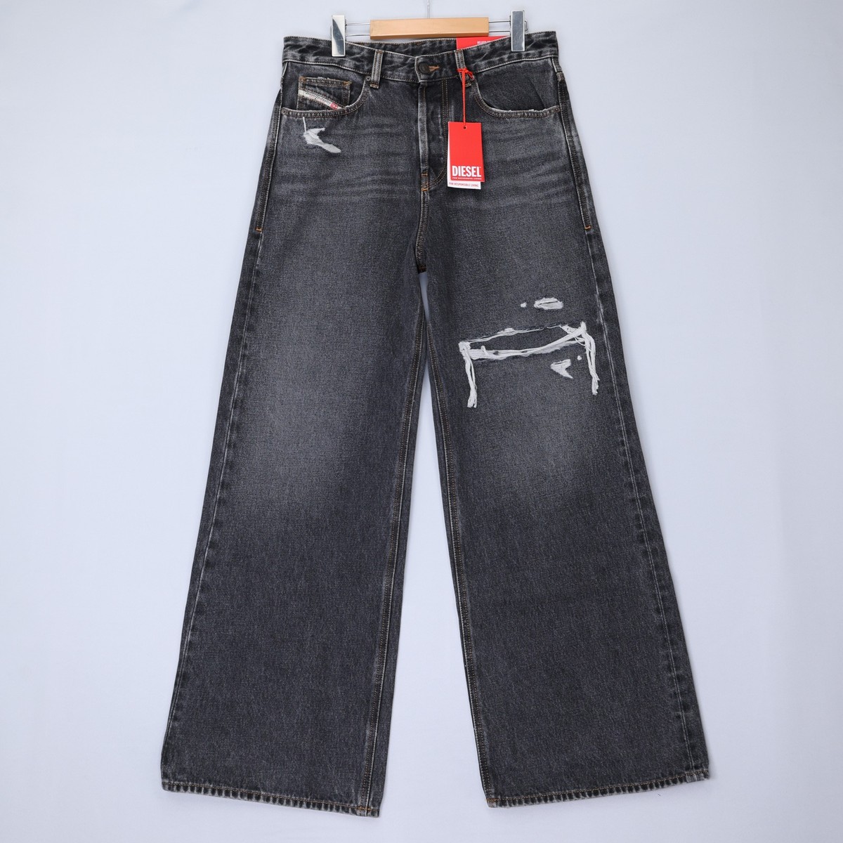 Diesel Mens Jeans D-Rise Trousers Wide Leg Low Rise Distressed 