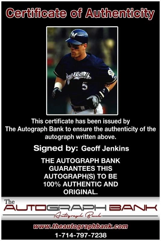 Geoff Jenkins authentic signed baseball 8x10 photo W/Cert Autographed (A0001) - Image 2 of 2