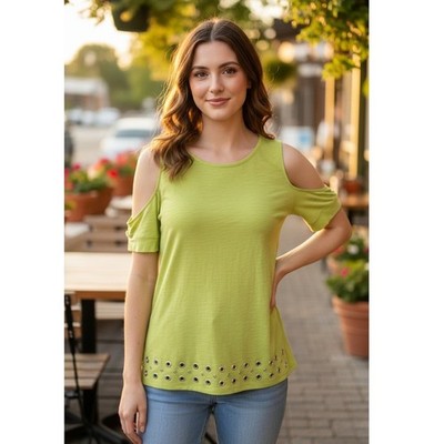 Michael Kors Lime Green Cold Shoulder Grommet Hem Cotton Top Medium