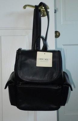 NWT Cherokee Backpack Purse Leather Black Side Pouches Genuine Leather