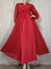 Vintage SEARS Lingerie Red Lace Double Chiffon Nightgown Robe Peignoir Set SM