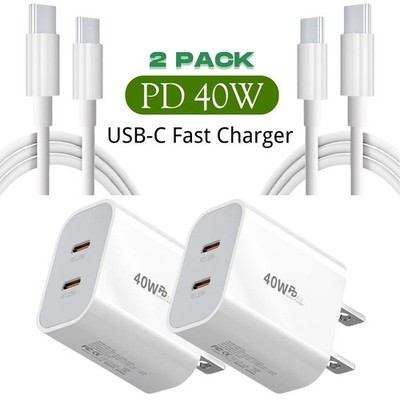 40W Fast Charger Block Type C to USB-C Cable For iPhone 15 16 17 Pro Max Samsung