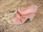 FENTON Rosalene Pink Glass Shoe Buckle Beads Painted Signed K. Brightbill Vintag