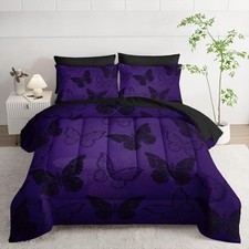 7Pcs Purple Butterfly Comforter Set Black Purple Printed Bedding Set with 1 C...