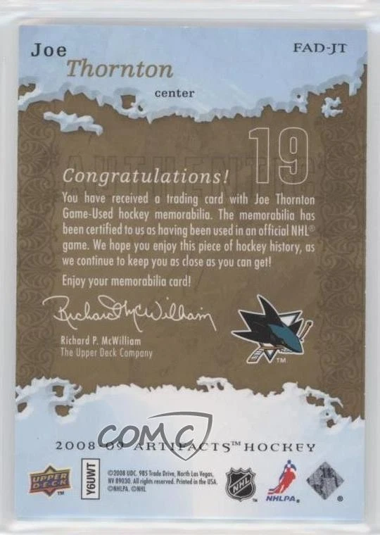 2008 Upper Deck Artifacts Frozen Jersey Dual Gold /75 Joe Thornton #FAD-JT HOF - Image 2 of 2