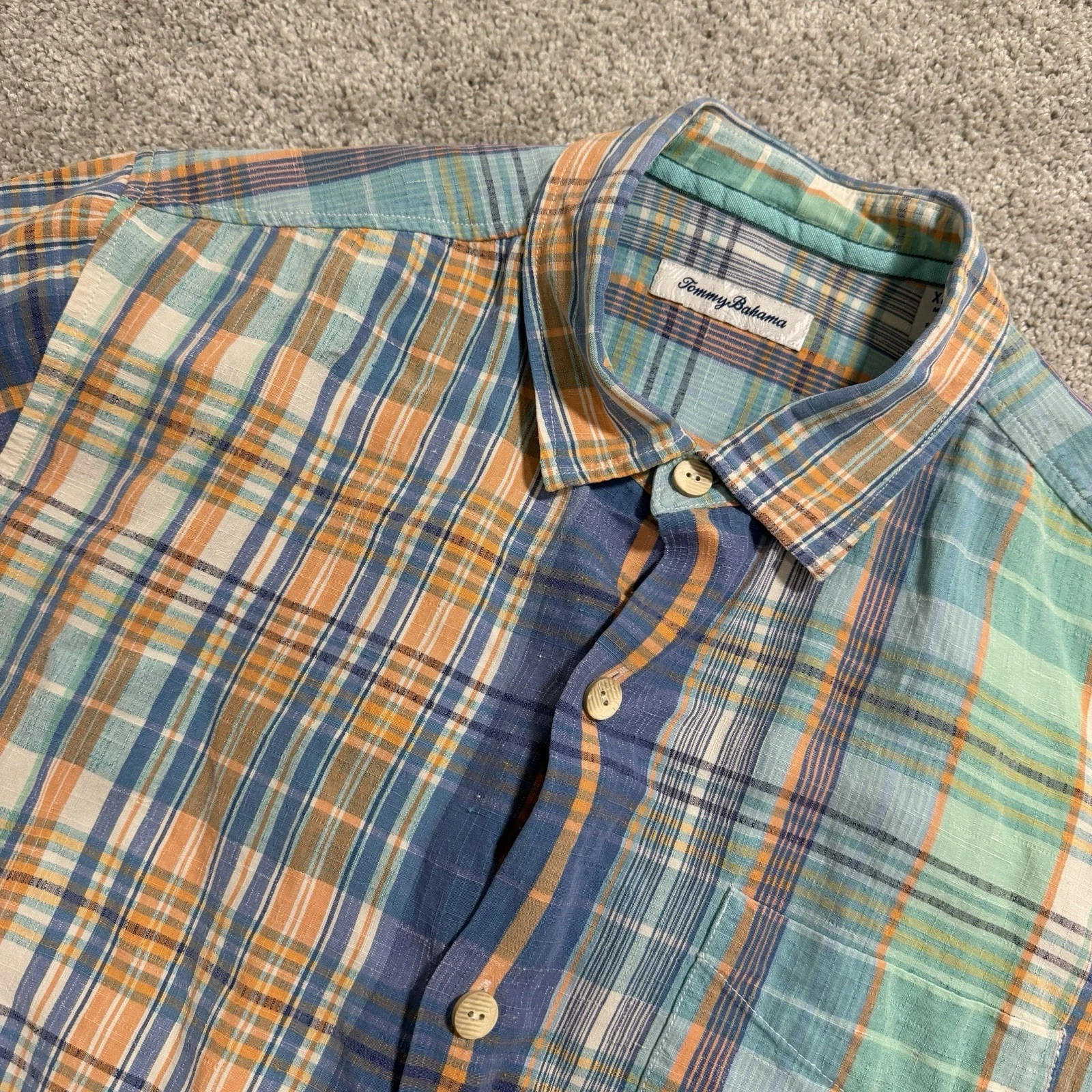 Tommy Bahama Shirt Mens XL Aqua Orange Plaid Linen Silk Blend Camp Button Front