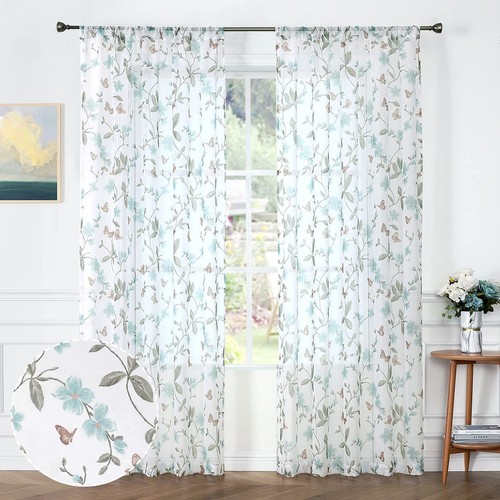 Sheer Floral Curtains Blue Flower Butterfly Printed Bedroom Curtain Rod Pocke...