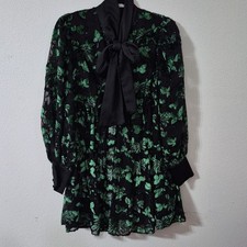 Alice + Olivia Black Green Floral Chiffon High Neck Bow Tie Mini Dress SP